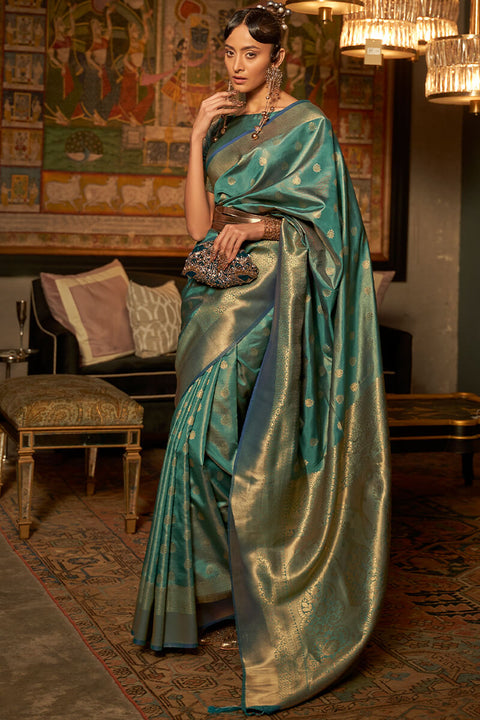 VastraLakshmi Precious Rama Kanjivaram Silk Saree With Alluring Blouse Piece