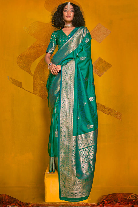 VastraLakshmi Eloquence Dark Green Soft Banarasi Silk Saree With Propinquity Blouse Piece