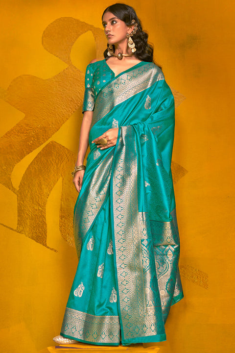 VastraLakshmi Profuse Rama Soft Banarasi Silk Saree With Charismatic Blouse Piece