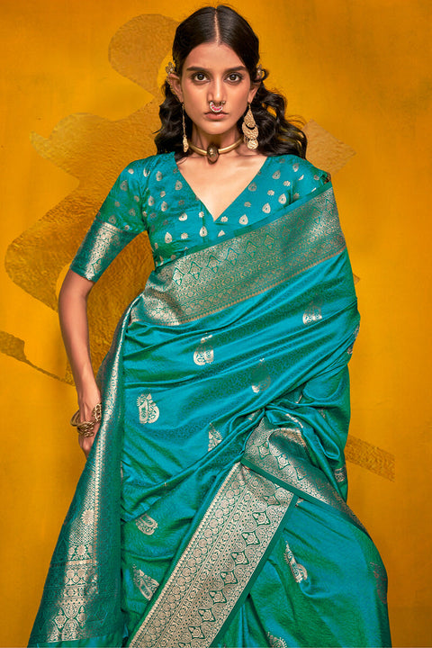 VastraLakshmi Profuse Rama Soft Banarasi Silk Saree With Charismatic Blouse Piece