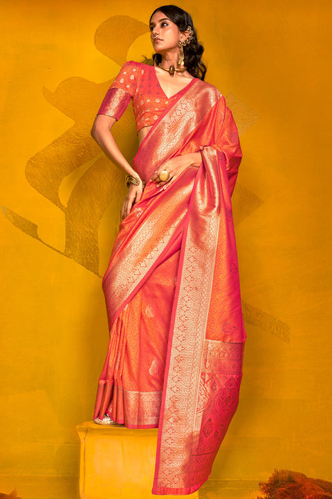 VastraLakshmi Allure Orange Soft Banarasi Silk Saree With Vibrant Blouse Piece