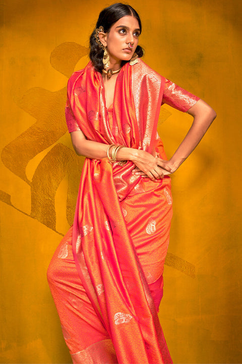 VastraLakshmi Allure Orange Soft Banarasi Silk Saree With Vibrant Blouse Piece