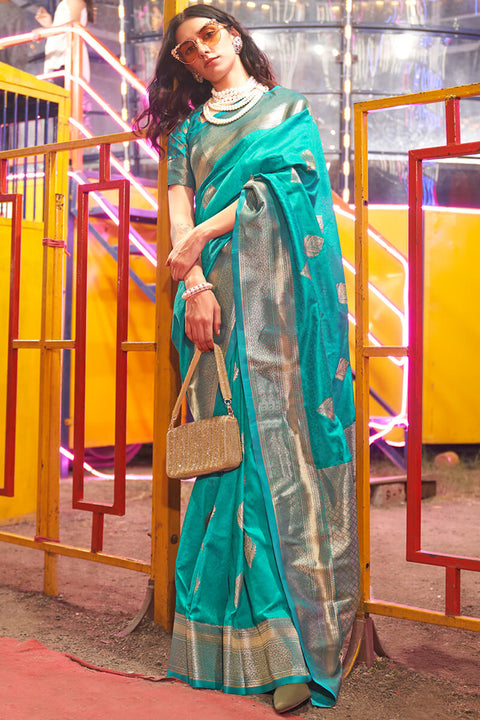 VastraLakshmi Prominent Turquoise Soft Banarasi Silk Saree With Desirable Blouse Piece