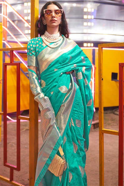 VastraLakshmi Prominent Turquoise Soft Banarasi Silk Saree With Desirable Blouse Piece