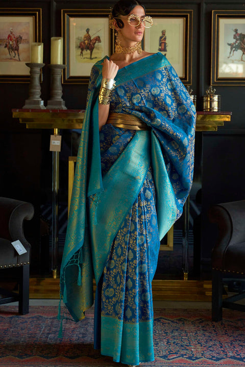 VastraLakshmi Sumptuous Blue Kanjivaram Silk Saree With Profuse Blouse Piece