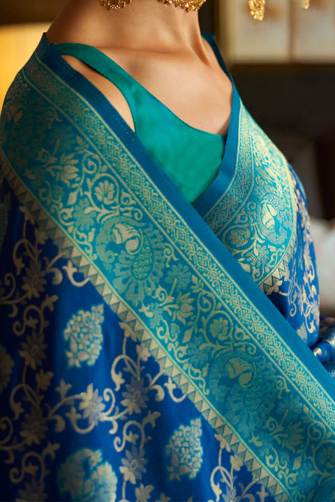 VastraLakshmi Sumptuous Blue Kanjivaram Silk Saree With Profuse Blouse Piece