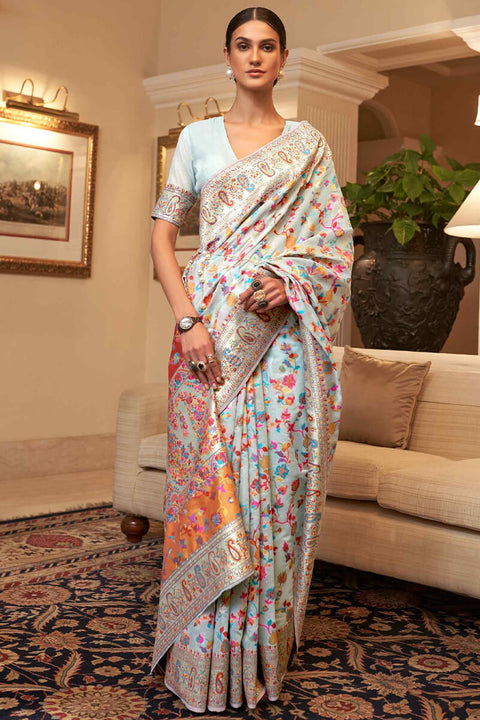 VastraLakshmi Exuberant Sky Pashmina saree With Ratatouille Blouse Piece