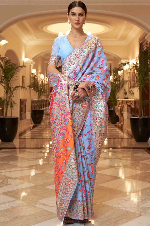 VastraLakshmi Exuberant Firozi Pashmina saree With Ratatouille Blouse Piece