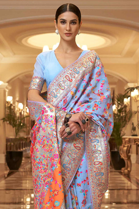 VastraLakshmi Exuberant Firozi Pashmina saree With Ratatouille Blouse Piece