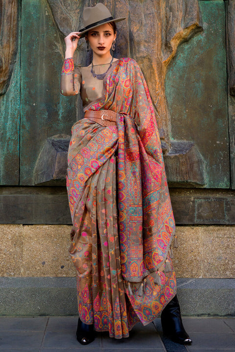 VastraLakshmi Inspiring Brown Pashmina Saree With Fairytale Blouse Piece