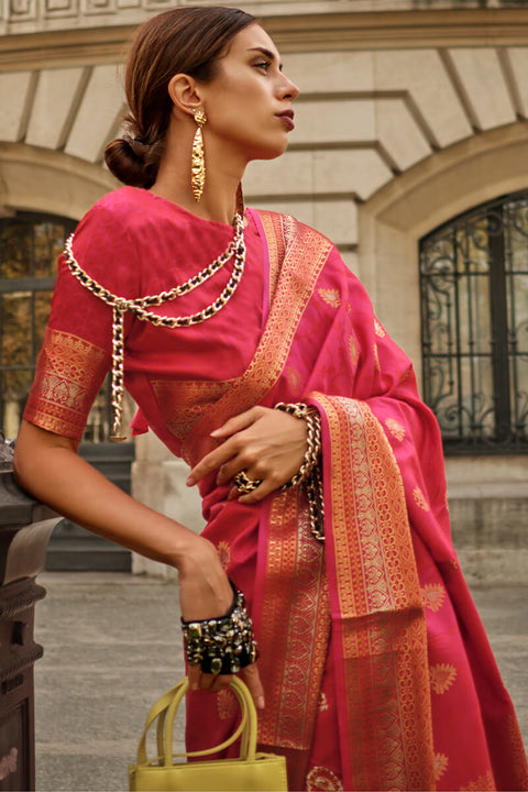 VastraLakshmi Elegant Dark Pink Soft Banarasi Silk Saree With Pretty Blouse Piece