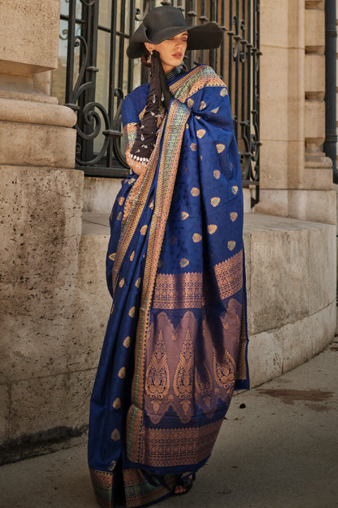 VastraLakshmi Gorgeous Navy Blue Soft Banarasi Silk Saree With Charming Blouse Piece