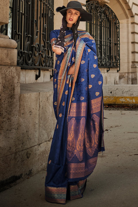 VastraLakshmi Gorgeous Navy Blue Soft Banarasi Silk Saree With Charming Blouse Piece