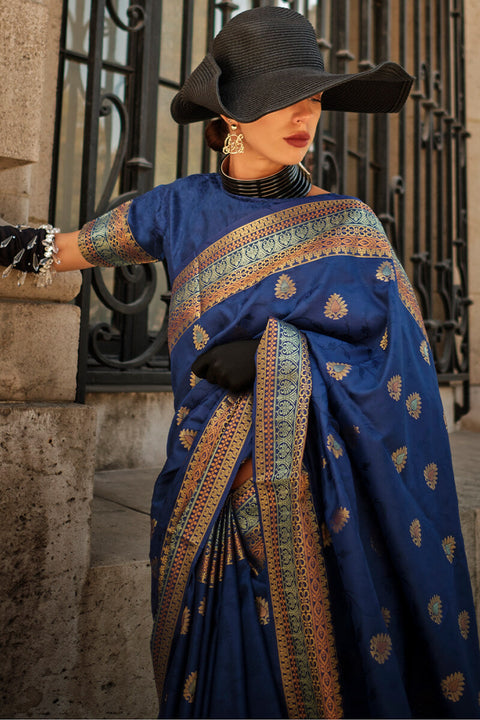 VastraLakshmi Gorgeous Navy Blue Soft Banarasi Silk Saree With Charming Blouse Piece