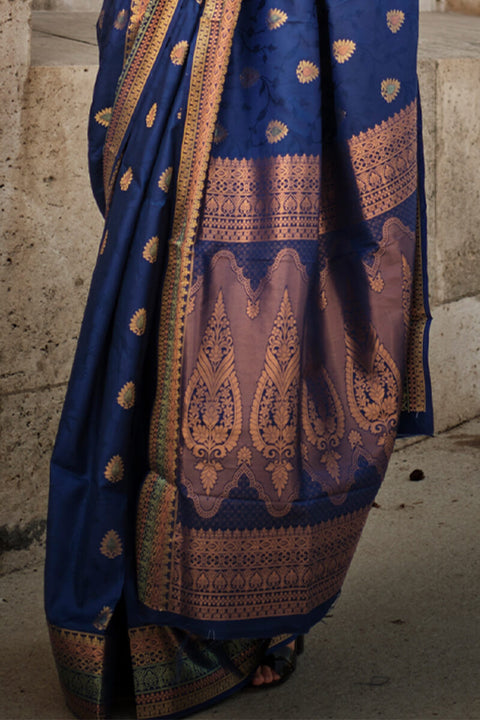 VastraLakshmi Gorgeous Navy Blue Soft Banarasi Silk Saree With Charming Blouse Piece