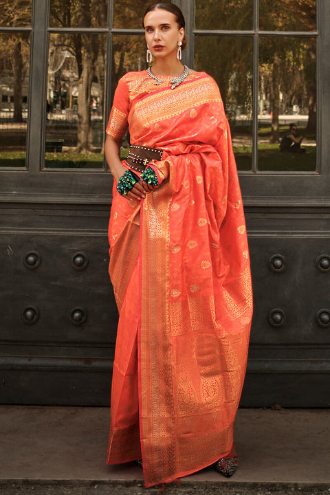 VastraLakshmi Appealing Orange Soft Banarasi Silk Saree With Groovy Blouse Piece