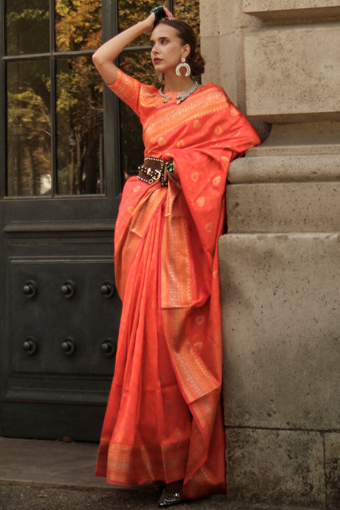 VastraLakshmi Appealing Orange Soft Banarasi Silk Saree With Groovy Blouse Piece