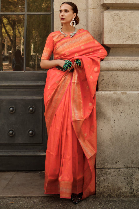 VastraLakshmi Appealing Orange Soft Banarasi Silk Saree With Groovy Blouse Piece