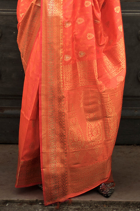 VastraLakshmi Appealing Orange Soft Banarasi Silk Saree With Groovy Blouse Piece