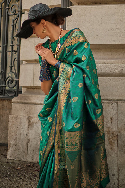 VastraLakshmi Blissful Dark Green Soft Banarasi Silk Saree With Inspiring Blouse Piece