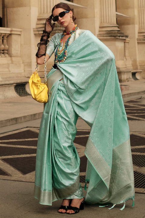 VastraLakshmi Attractive Sea Green Soft Banarasi Silk Saree With Whimsical Blouse Piece