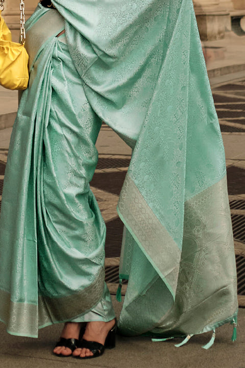 VastraLakshmi Attractive Sea Green Soft Banarasi Silk Saree With Whimsical Blouse Piece