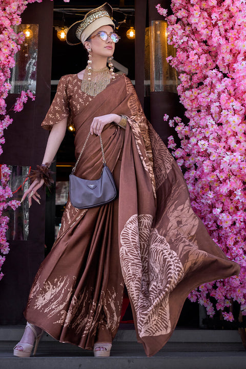 VastraLakshmi Stunning Brown Digital Printed Satin Silk Saree With Extraordinary Blouse Piece