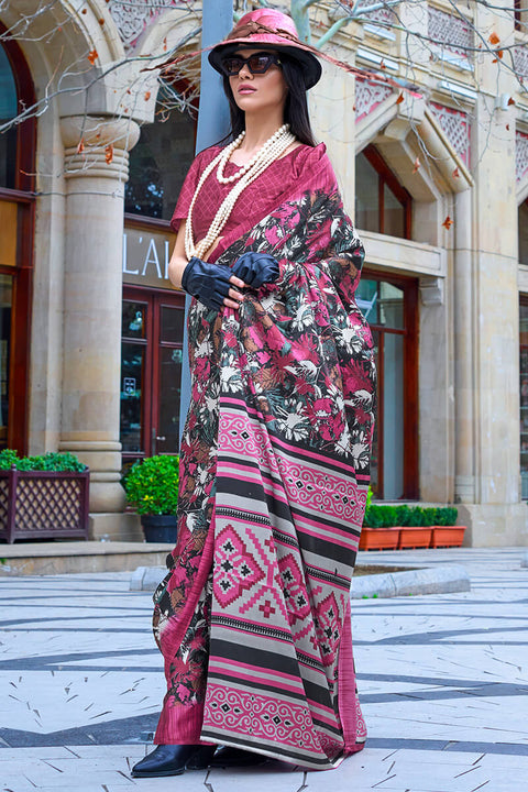 VastraLakshmi Desiring Magenta Digital Printed Satin Silk Saree With Opulent Blouse Piece