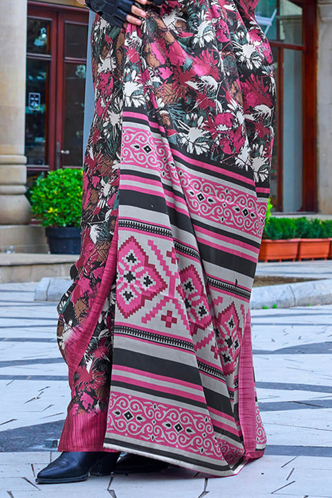 VastraLakshmi Desiring Magenta Digital Printed Satin Silk Saree With Opulent Blouse Piece