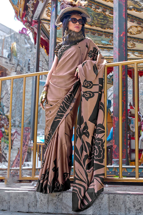 VastraLakshmi Demesne Brown Digital Printed Satin Silk Saree With Serendipity Blouse Piece