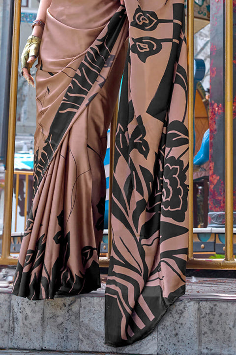 VastraLakshmi Demesne Brown Digital Printed Satin Silk Saree With Serendipity Blouse Piece