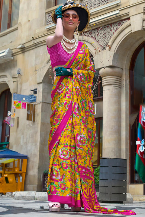 VastraLakshmi Rhapsodic Yellow Digital Printed Satin Silk Saree With Opulent Blouse Piece