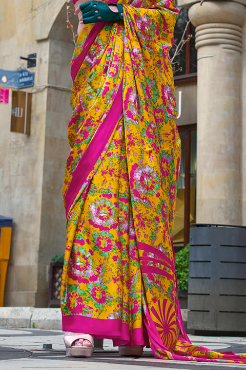 VastraLakshmi Rhapsodic Yellow Digital Printed Satin Silk Saree With Opulent Blouse Piece