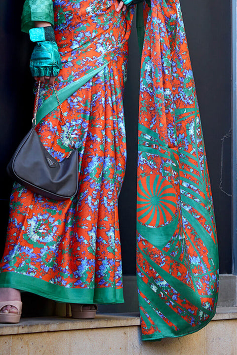 VastraLakshmi Beguiling Orange Digital Printed Satin Silk Saree With Embellished Blouse Piece