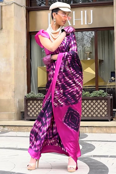 VastraLakshmi Dulcet Purple Digital Printed Satin Silk Saree With Ethereal Blouse Piece