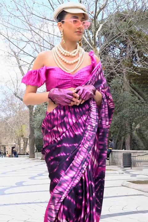 VastraLakshmi Dulcet Purple Digital Printed Satin Silk Saree With Ethereal Blouse Piece