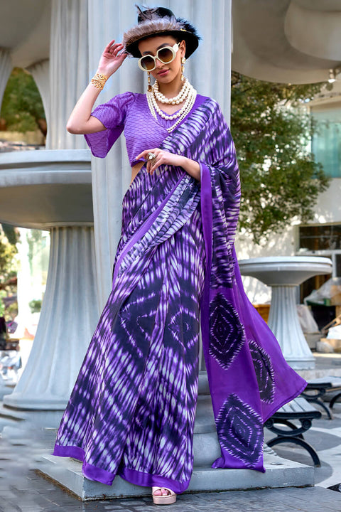 VastraLakshmi Majestic Royal Purple Digital Printed Satin Silk Saree With Imaginative Blouse Piece