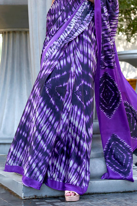 VastraLakshmi Majestic Royal Purple Digital Printed Satin Silk Saree With Imaginative Blouse Piece