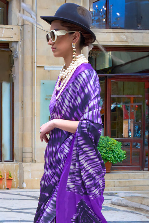 VastraLakshmi Majestic Royal Purple Digital Printed Satin Silk Saree With Imaginative Blouse Piece