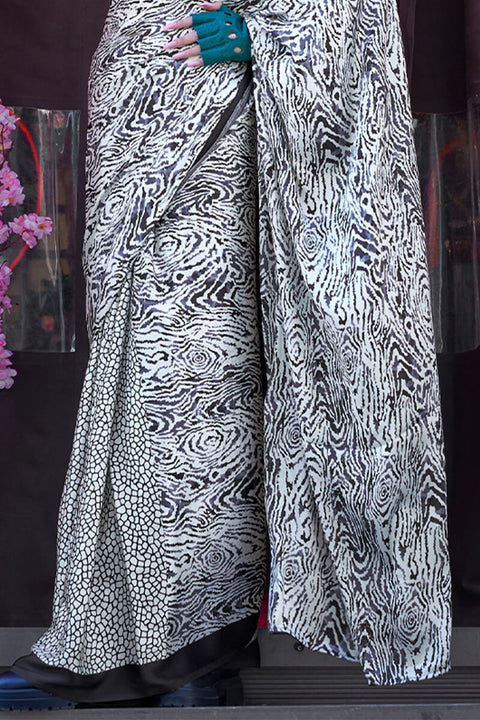 VastraLakshmi Engaging Grey Digital Printed Satin Silk Saree With Magnetic Blouse Piece