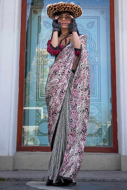 VastraLakshmi Nemesis Wine and Grey Digital Printed Satin Silk Saree With Elision Blouse Piece