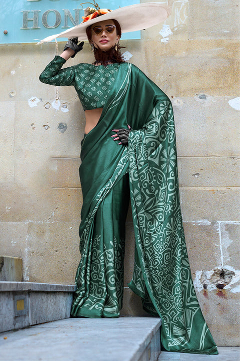 VastraLakshmi Conflate Dark Green Digital Printed Satin Silk Saree With Angelic Blouse Piece