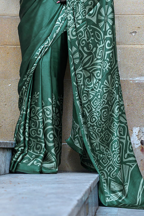 VastraLakshmi Conflate Dark Green Digital Printed Satin Silk Saree With Angelic Blouse Piece