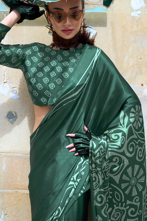 VastraLakshmi Conflate Dark Green Digital Printed Satin Silk Saree With Angelic Blouse Piece