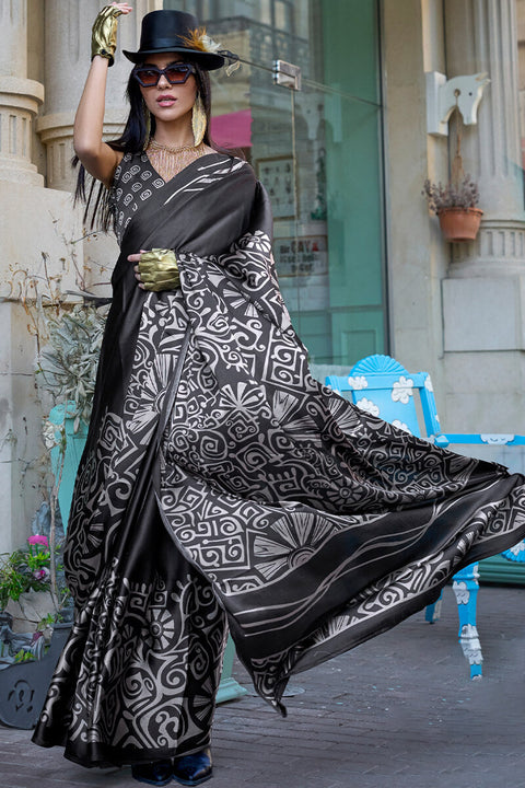 VastraLakshmi Twirling Black Digital Printed Satin Silk Saree With Arresting Blouse Piece