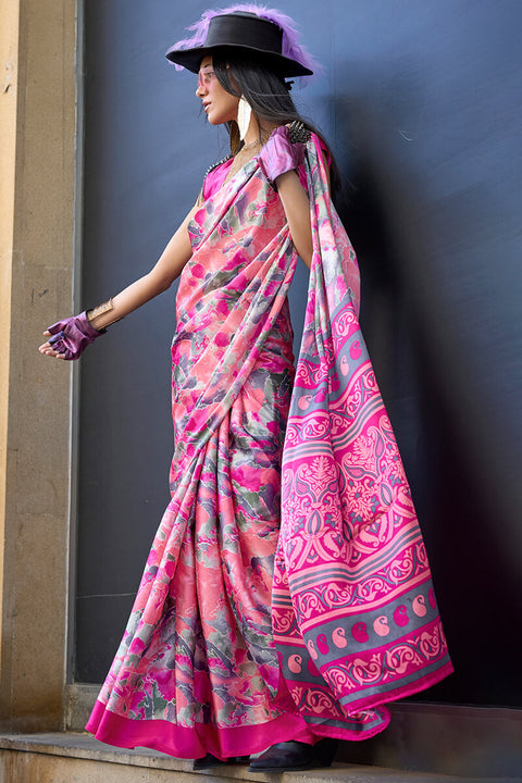 VastraLakshmi Beautiful Pink Digital Printed Satin Silk Saree With Outstanding Blouse Piece