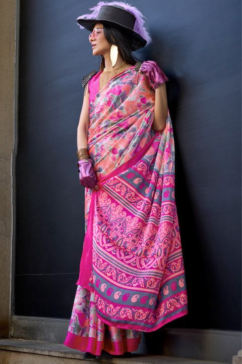 VastraLakshmi Beautiful Pink Digital Printed Satin Silk Saree With Outstanding Blouse Piece