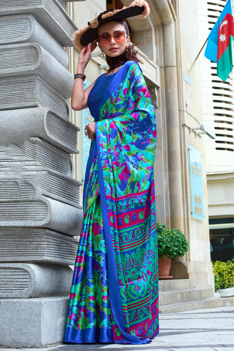 VastraLakshmi Refreshing Blue Digital Printed Satin Silk Saree With Energetic Blouse Piece