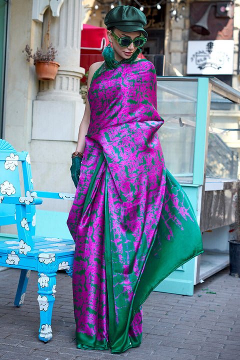 VastraLakshmi Breathtaking Magenta and Green Digital Printed Satin Silk Saree With Blissful Blouse Piece