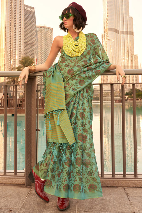 VastraLakshmi Adorable Green Digital Printed Tissue Silk Saree With Groovy Blouse Piece